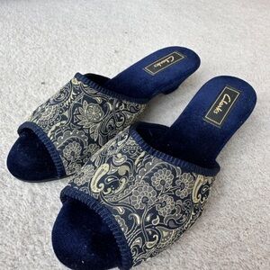 Clarks Navy and Cream Paisley Open-Toe Slip-On Mules